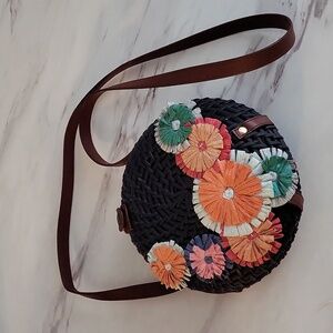 JCrew Round Rattan Floral Crossbody